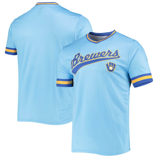 Milwaukee Brewers Stitches Cooperstown Collection V-Neck Team Color Jersey - Powder Blue/Royal