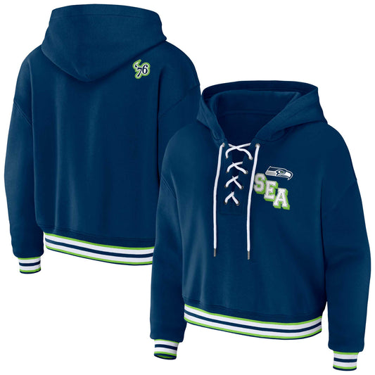 Seattle Seahawks WEAR by Erin Andrews Women's Lace-Up Pullover Hoodie - Navy