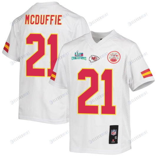 Trent McDuffie 21 Kansas City Chiefs Super Bowl LVII Champions Youth Game Jersey - White